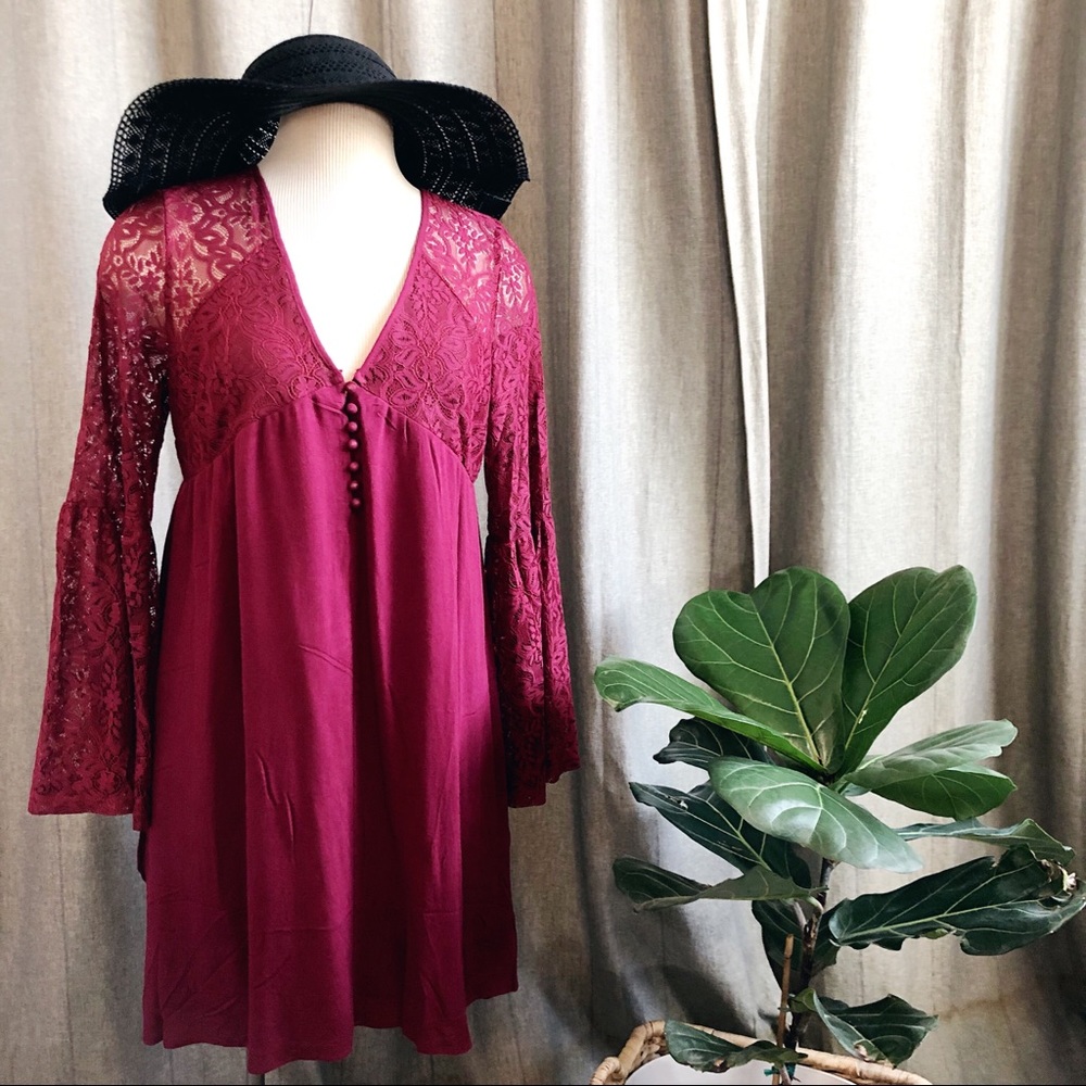 NWT Ee:some Burgundy Bell Sleeved Dress